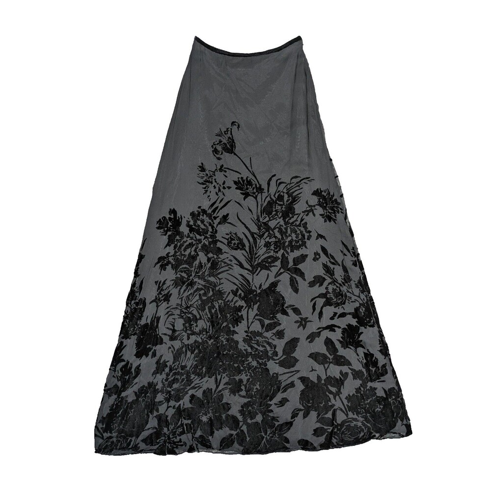 Womens Black Maxi Skirt Size 4 Rayon Silk Velvet Stamped Flowers